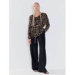 Leopard-print drawstring-neck draped silk top