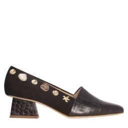 Cecilia Leather Emboss and Suede Heels - Black