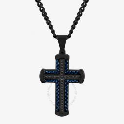 1/4CTW Black Diamond Stainless Steel with Black & Blue Finish Cross Pendant