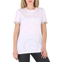 Ladies Optical White Floral Embroidered Cotton T-shirt, Size Large