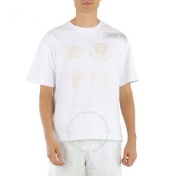Mens Optical White Embroidered Lucky Symbols T-shirt, Size X-Small