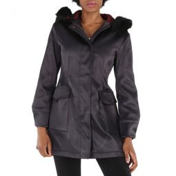 Ladies Black Fur-Trim Hood Down Jacket, Brand Size 38 (US Size 4)