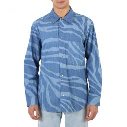 Mens Dark Blue Macro Zebra-print Denim Shirt, Brand Size 52 (US Size 42)
