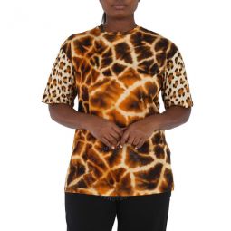 Ladies Giraffe Chine And Leopard Printed Cotton T-shirt, Size X-Small