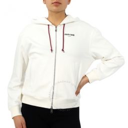 Ladies White Cotton Lucky Symbols Zip Hooded Sweatshirt, Brand Size 42 (US Size 8)