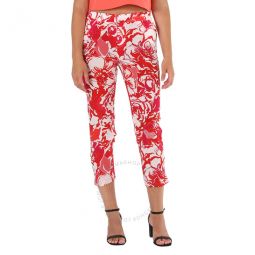 Ladies Hydrangea / White Floral-print Straight-leg Silk Trousers, Brand Size 40 (US Size 6)