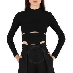 Black Knit Cut Out Button Detailed Crew Neck Top, Brand Size 40 (US Size 6)