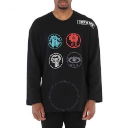 Mens Black Embroidered Lucky Symbols Sweatshirt, Size Small
