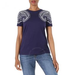 Ladies Indigo Bandana Crystal-Embellished Cotton T-shirt, Brand Size 42 (US Size 8)