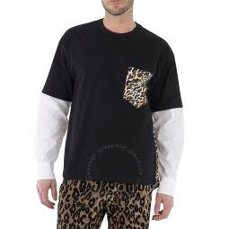 Mens Black Hybrid Poplin Sleeve Animalier Cotton Jersey T-shirt, Size X-Small