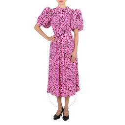 Ladies Super Pink Comb Puff-Sleeve Jaquard Midi Dress, Brand Size 36 (US Size 2)
