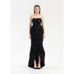 Black Front Slit Shirred Sheath Dress - Black