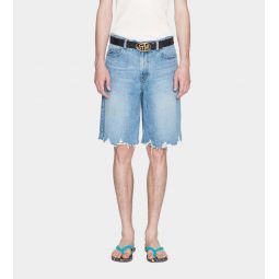 Frayed Denim Long Shorts - Light Blue