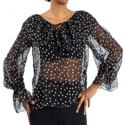 Ladies Black Ruffle-detail Polka-dot Blouse, Brand Size 38 (US Size 4)