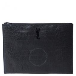 Black Monogram Document Holder In Crocodile Embossed Leather