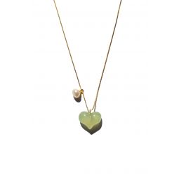 Puffed heart Green jade & pearl pendant necklace