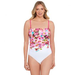 Shape Solver By Penbrooke Womens Border Floral Shirred Bandeau One Piece Swimsuit