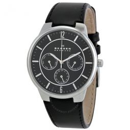 Multi Function Black Dial Black Leather Mens Watch
