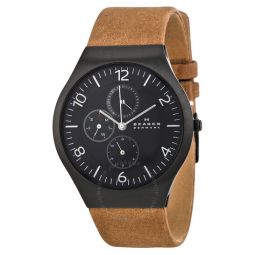 Grenen Multi-Function Black Dial Brown Leather Mens Watch