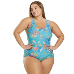 Sporti Plus Size Caribbean Sea Conservative Printed Girl Leg One Piece Swimsuit