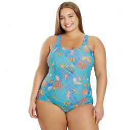 Sporti Plus Size Caribbean Sea Moderate Printed Sweetheart One Piece Swimsuit