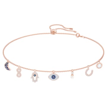 Swarovski Symbolic necklace, Moon, infinity, hand, evil eye and horseshoe, Blue, Rose gold-tone plated