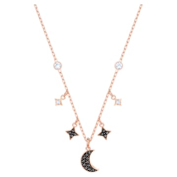 Swarovski Symbolic necklace, Moon and star, Black, Rose gold-tone plated