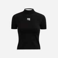 foundation bodycon mock neck top with logo patch