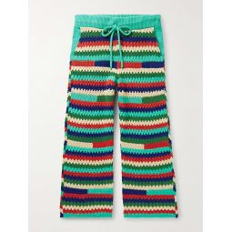 Straight-Leg Striped Crochet-Knit Cashmere Drawstring Trousers