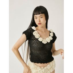 Makalu Crochet Top - Black/Ivory Flowers