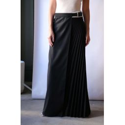 Tropical Wool Pleated Leather Belt Maxi Skirt - Black
