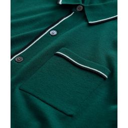 Long Sleeve Merino Tipped Full Placket Polo in Evergreen