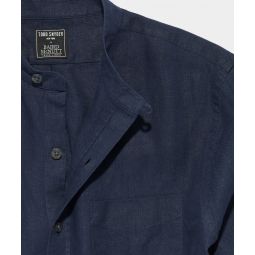 Sea Soft Linen Band Collar Long Sleeve Shirt in Navy