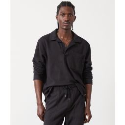 Long-Sleeve Knit Seersucker Polo in Blacktop