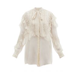 Pussy-bow lace-trimmed silk-chiffon blouse
