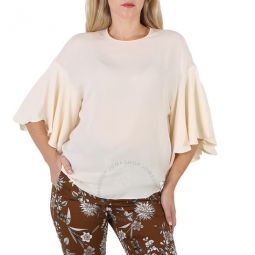 Ladies White Ruffle Sleeves Silk Blouse, Brand Size 38 (US Size 4)