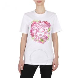 Ladies Optical White Medusa Embroidered Crewneck T-Shirt, Brand Size 36 (US Size 0)