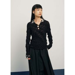 Ruffled Polo Knit Top - Black