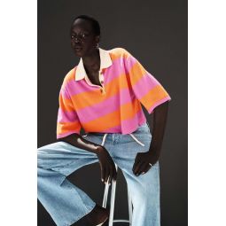 White + Warren Cropped Striped Polo - Fondant Pink/Bright Tangerine