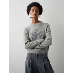 White + Warren Cashmere Coat of Arms Embroidered Crewneck - Grey Combo