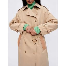Belted trench coat with leather patches