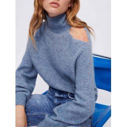 High-necked pullover with open shoulder