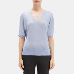V-Neck Short-Sleeve Sweater in Knit Linen