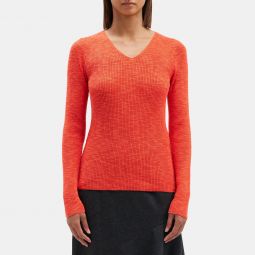 Rib Knit V-Neck Sweater in Slub Cotton Blend