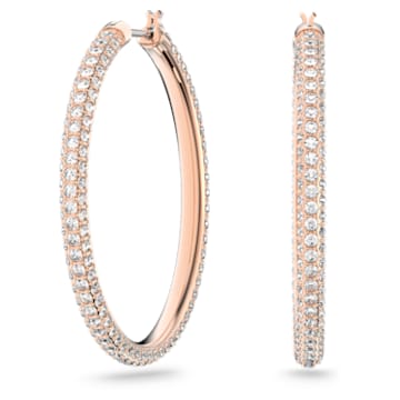 Stone hoop earrings, Pave, Large, White, Rose gold-tone plated