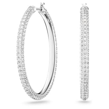 Stone hoop earrings, Pave, Large, White, Rhodium plated