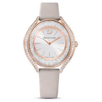 Crystalline Aura watch, Swiss Made, Leather strap, Gray, Rose gold-tone finish