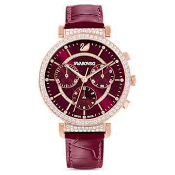 Passage Chrono watch, Swiss Made, Leather strap, Red, Rose gold-tone finish