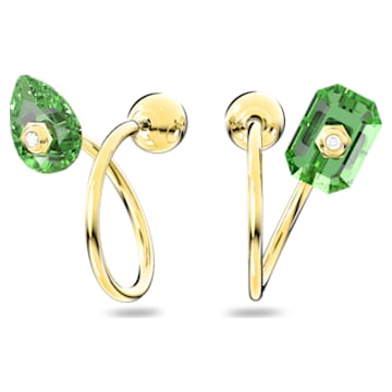 Numina drop earrings, Asymmetrical design, Mixed cuts, Green, Gold-tone plated