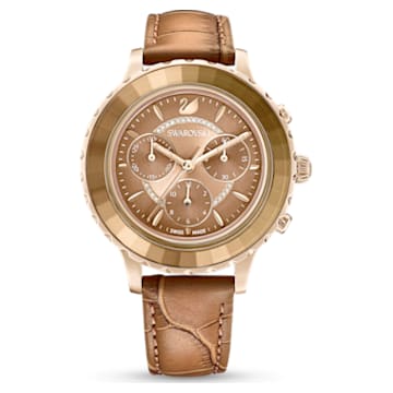 Octea Lux Chrono watch, Swiss Made, Leather strap, Brown, Gold-tone finish